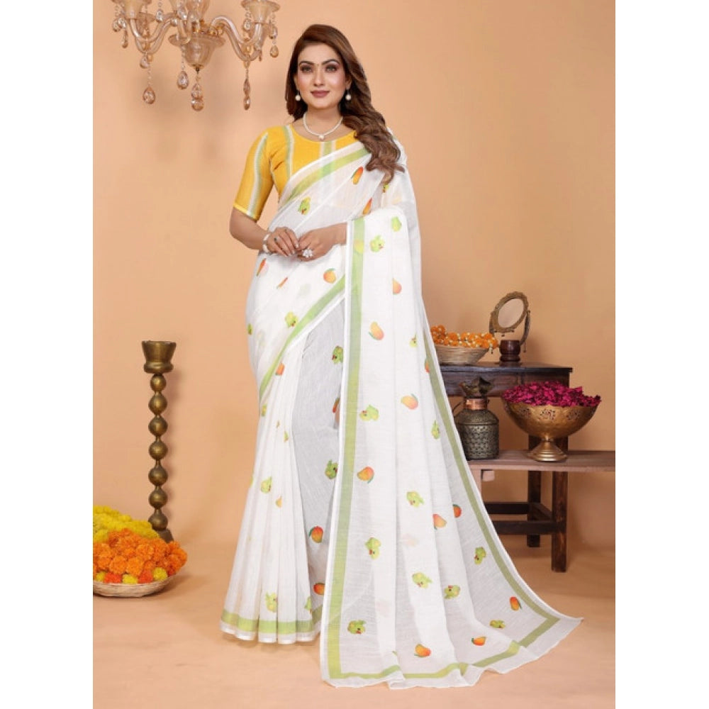 Vaystra Linen Cotton Printed Saree With Unstitched Blouse 5.5Mtr – White