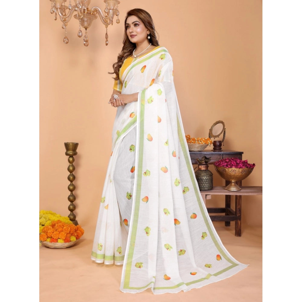 Vaystra Linen Cotton Printed Saree With Unstitched Blouse 5.5Mtr – White