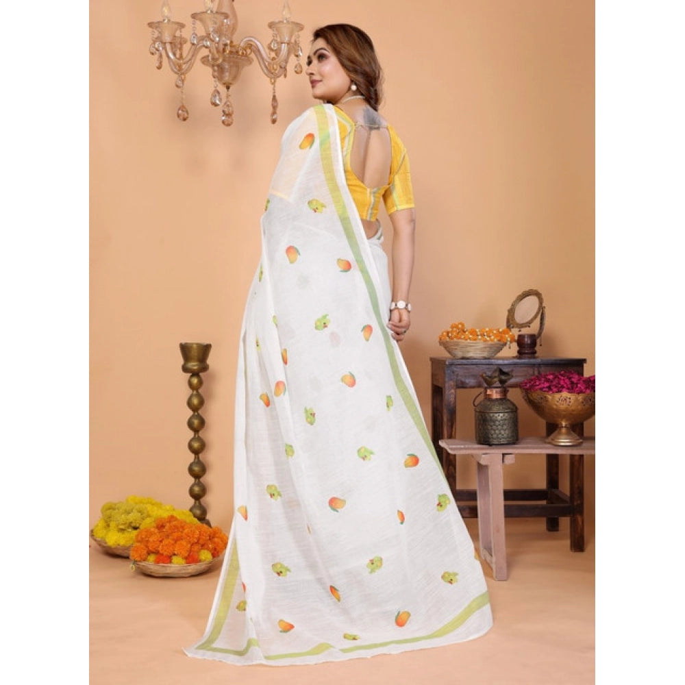 Vaystra Linen Cotton Printed Saree With Unstitched Blouse 5.5Mtr – White