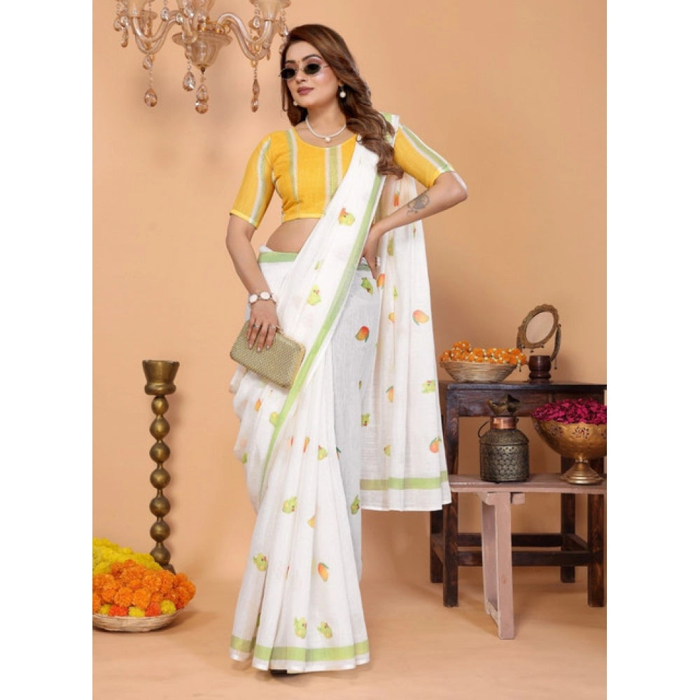 Vaystra Linen Cotton Printed Saree With Unstitched Blouse 5.5Mtr – White