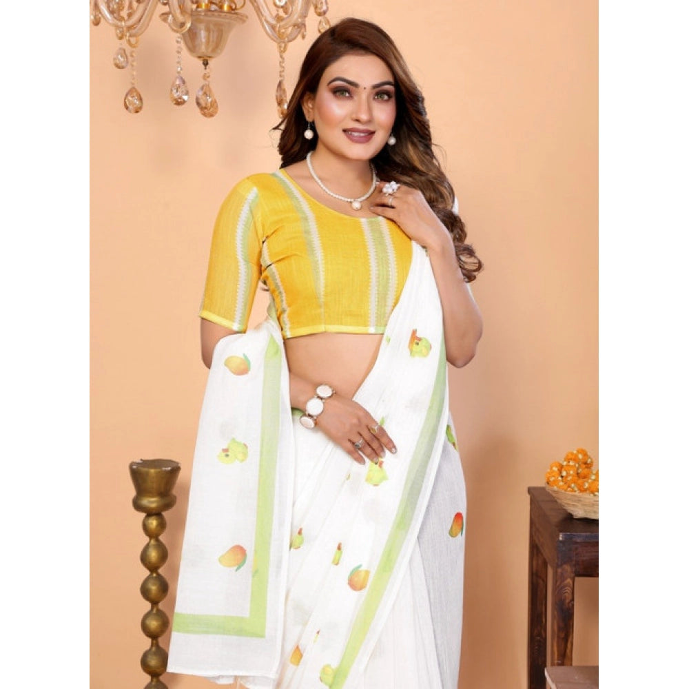 Vaystra Linen Cotton Printed Saree With Unstitched Blouse 5.5Mtr – White