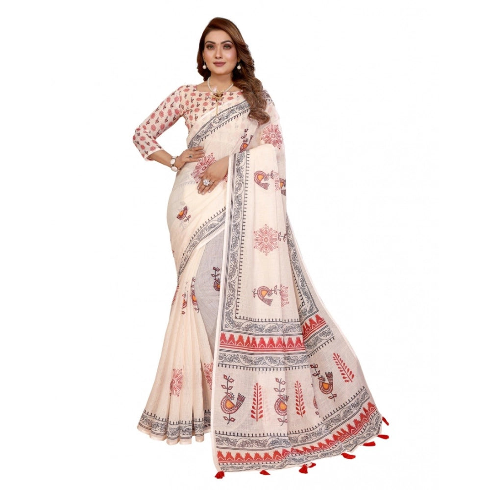 Vaystra Linen Cotton Printed Saree With Unstitched Blouse 5.5Mtr – Off White