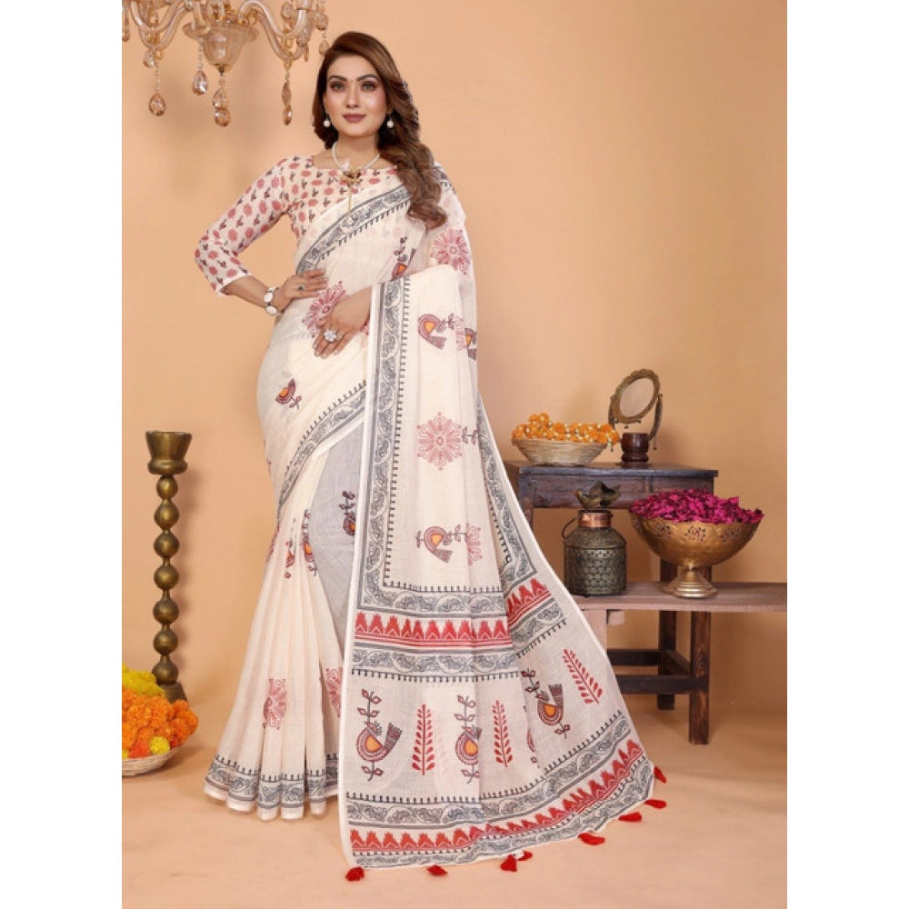 Vaystra Linen Cotton Printed Saree With Unstitched Blouse 5.5Mtr – Off White