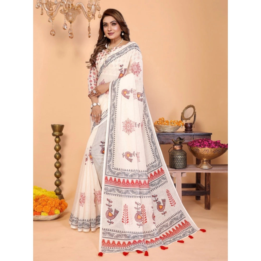 Vaystra Linen Cotton Printed Saree With Unstitched Blouse 5.5Mtr – Off White