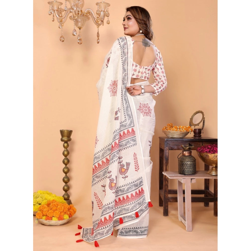 Vaystra Linen Cotton Printed Saree With Unstitched Blouse 5.5Mtr – Off White