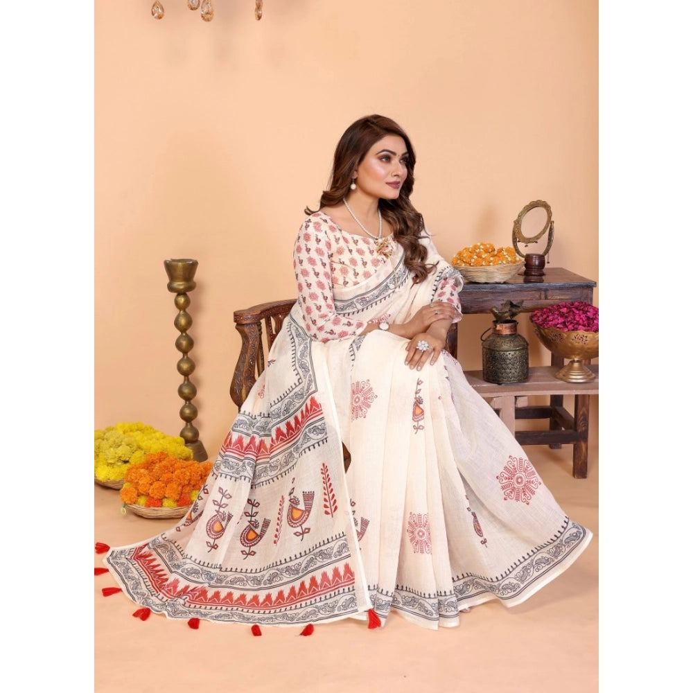 Vaystra Linen Cotton Printed Saree With Unstitched Blouse 5.5Mtr – Off White
