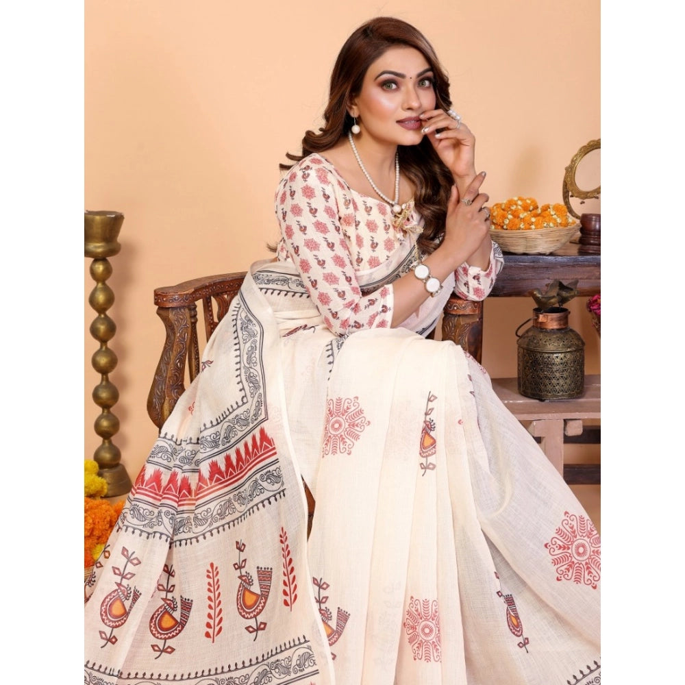 Vaystra Linen Cotton Printed Saree With Unstitched Blouse 5.5Mtr – Off White