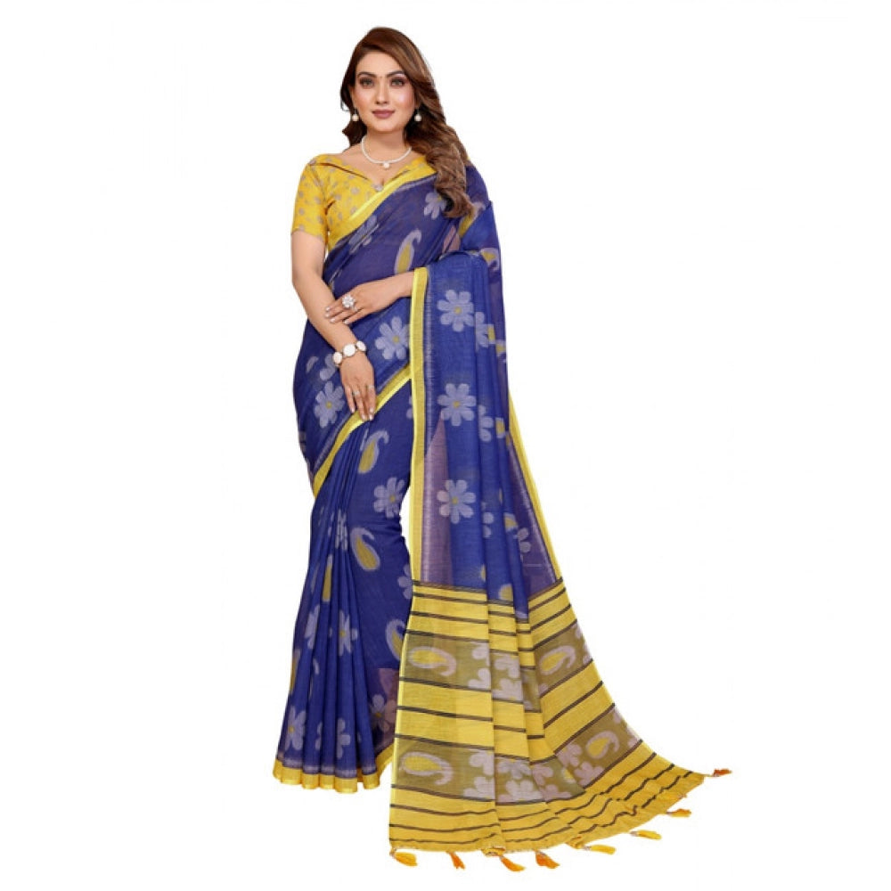 Vaystra Linen Cotton Printed Saree With Unstitched Blouse 5.5Mtr – Blue
