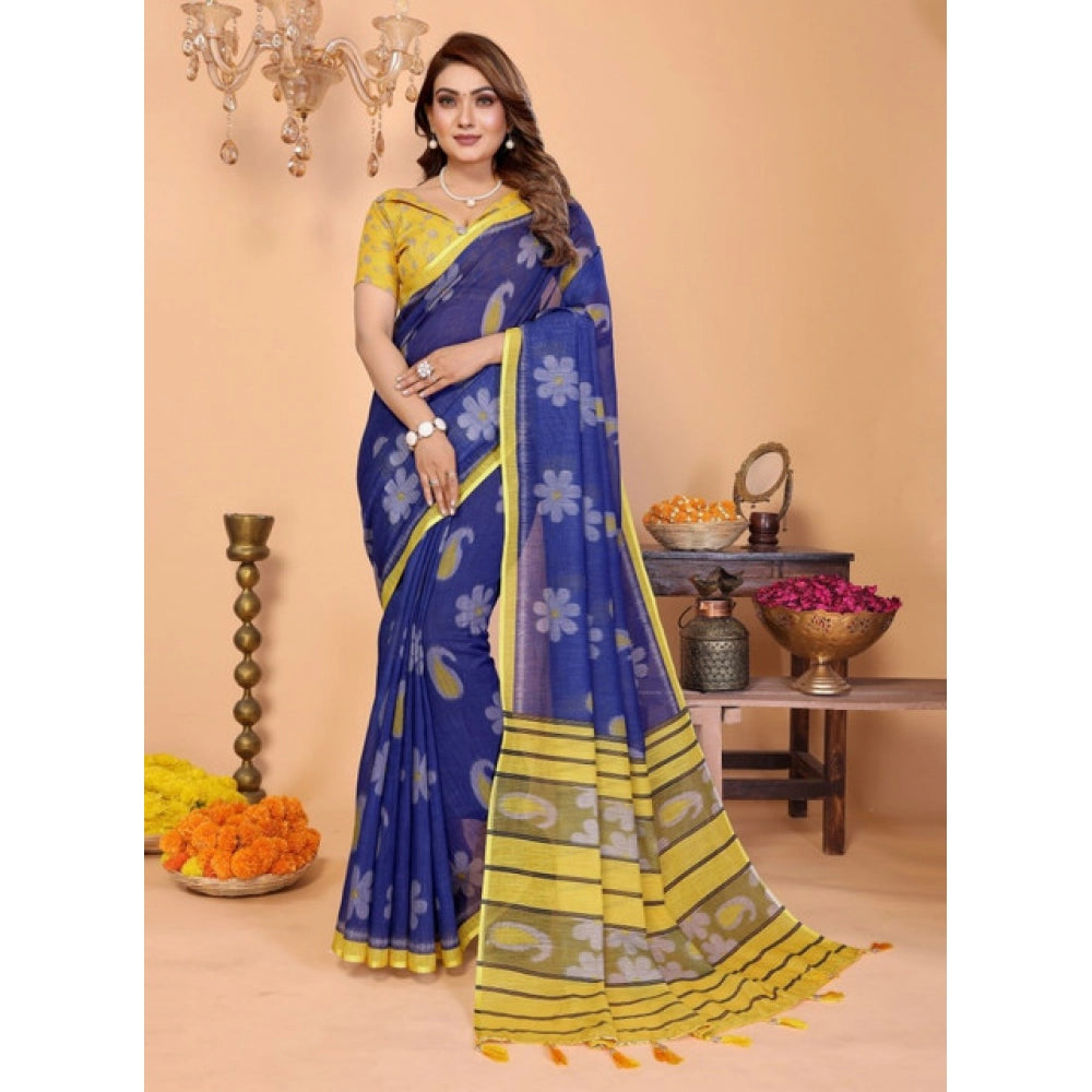 Vaystra Linen Cotton Printed Saree With Unstitched Blouse 5.5Mtr – Blue