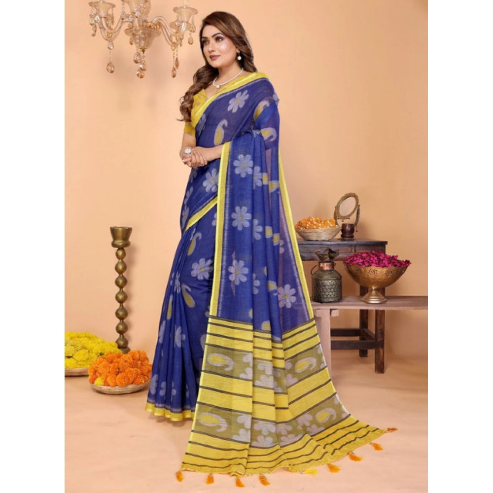 Vaystra Linen Cotton Printed Saree With Unstitched Blouse 5.5Mtr – Blue