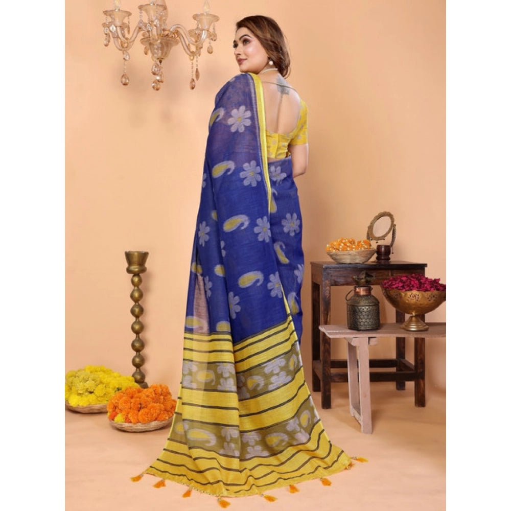 Vaystra Linen Cotton Printed Saree With Unstitched Blouse 5.5Mtr – Blue