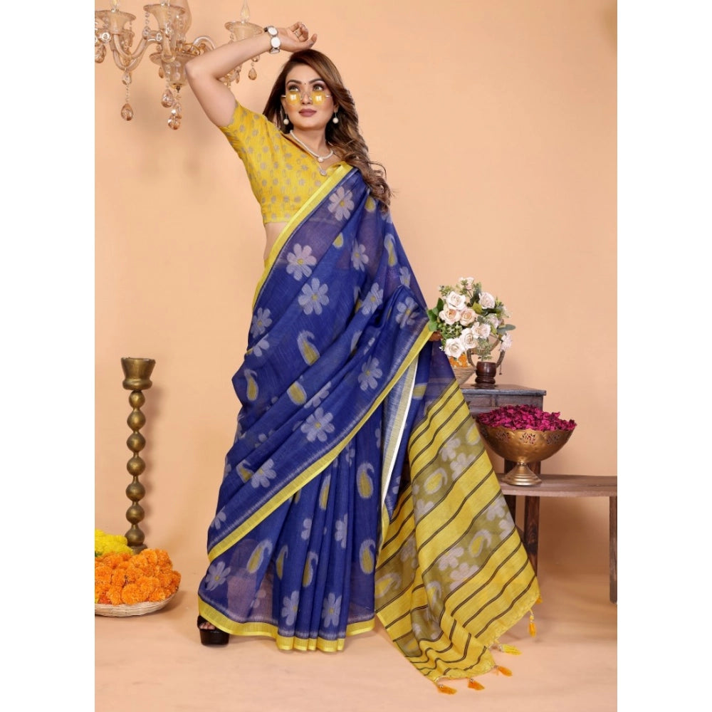 Vaystra Linen Cotton Printed Saree With Unstitched Blouse 5.5Mtr – Blue