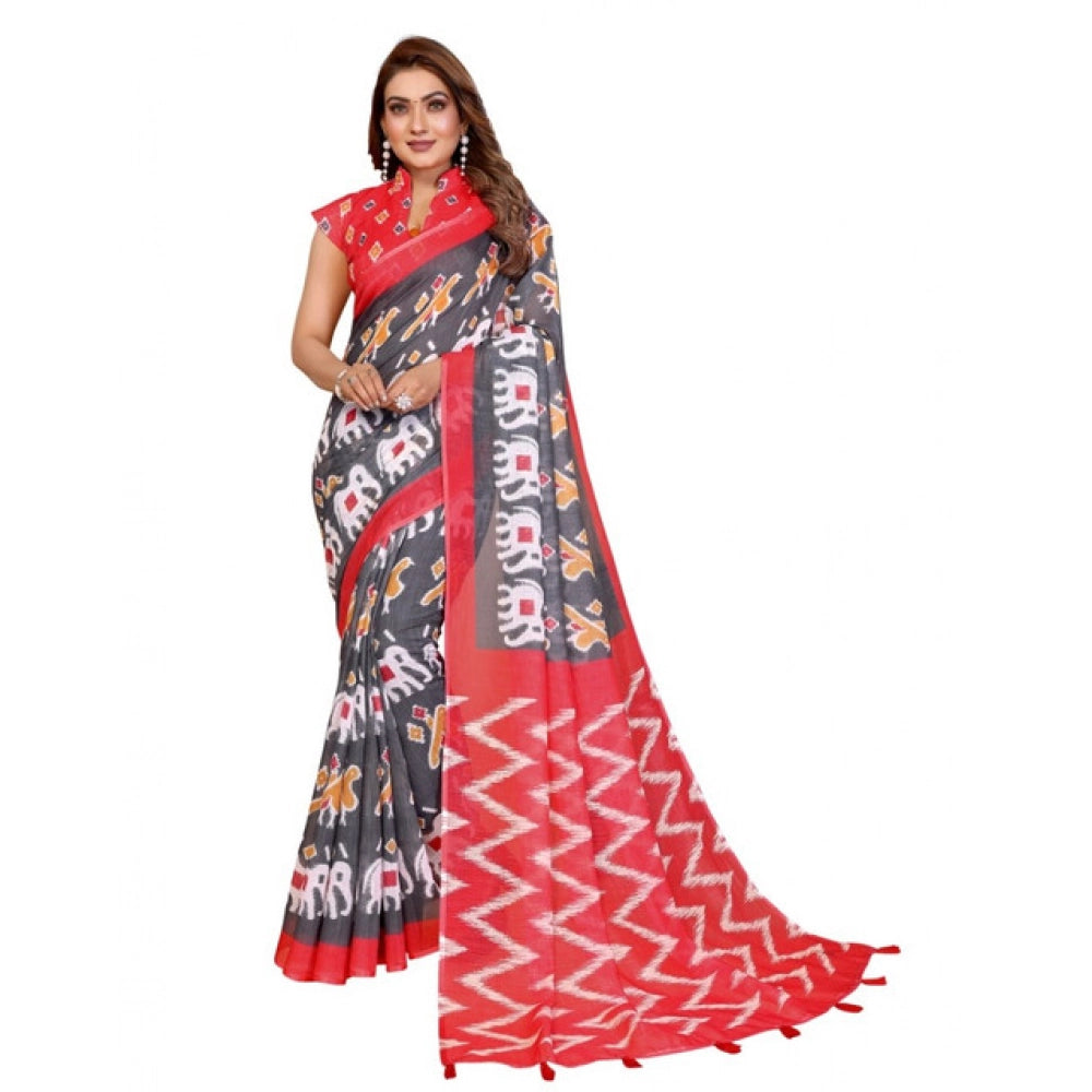 Vaystra Linen Cotton Printed Saree With Unstitched Blouse 5.5Mtr – Grey