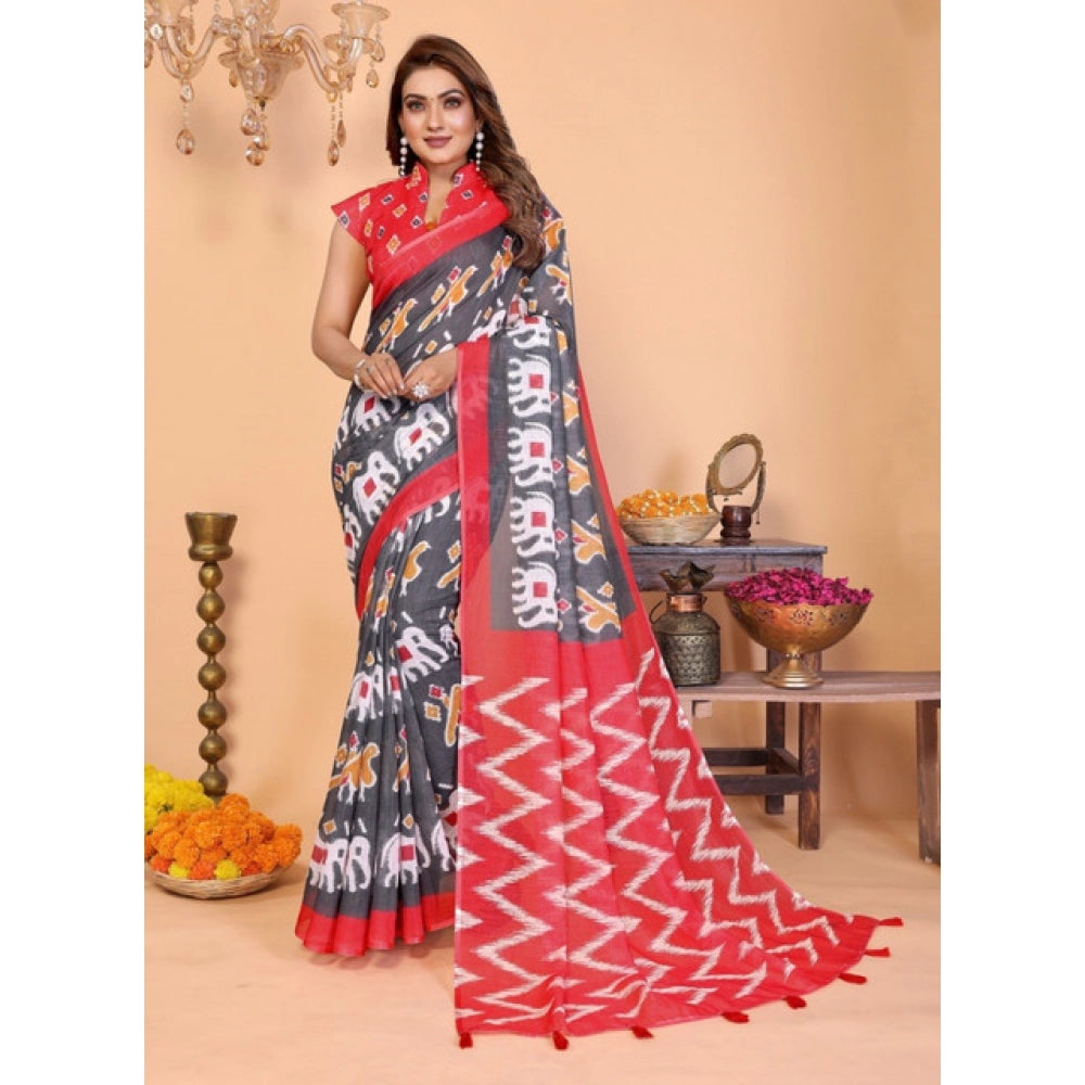 Vaystra Linen Cotton Printed Saree With Unstitched Blouse 5.5Mtr – Grey