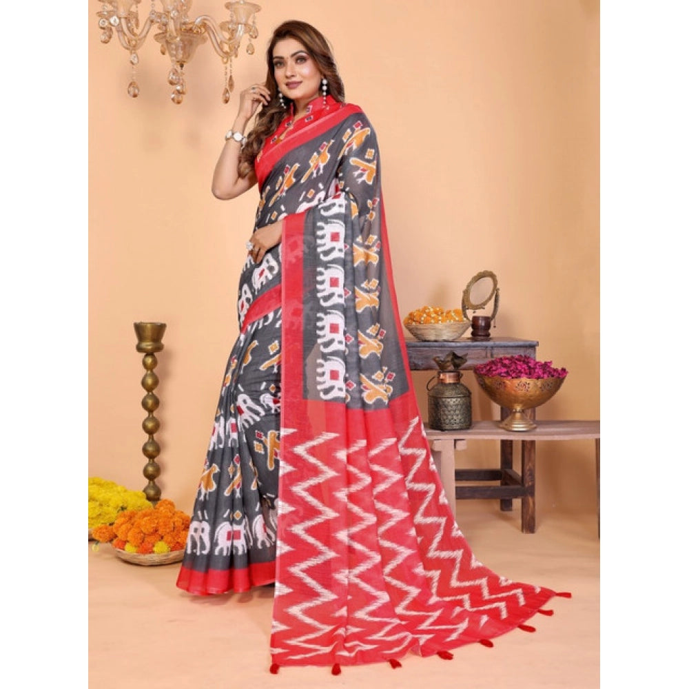 Vaystra Linen Cotton Printed Saree With Unstitched Blouse 5.5Mtr – Grey
