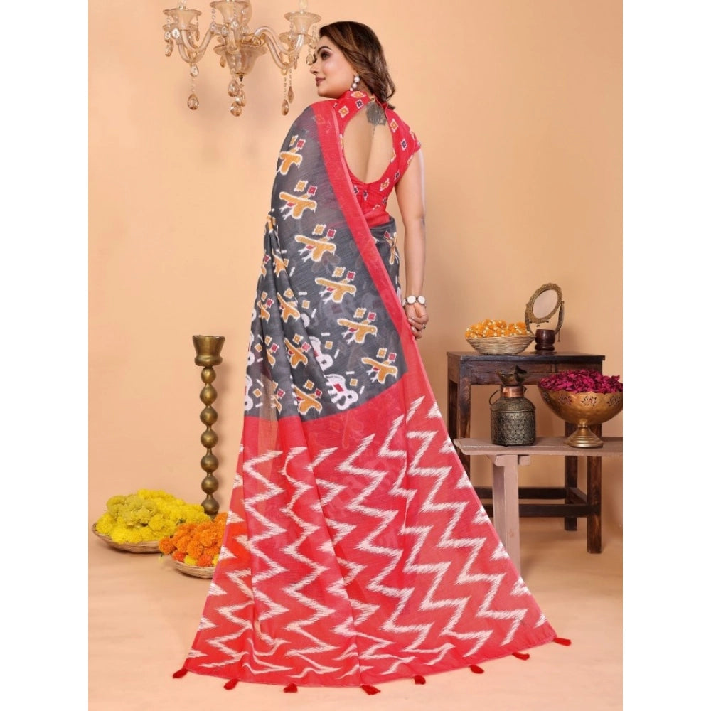 Vaystra Linen Cotton Printed Saree With Unstitched Blouse 5.5Mtr – Grey