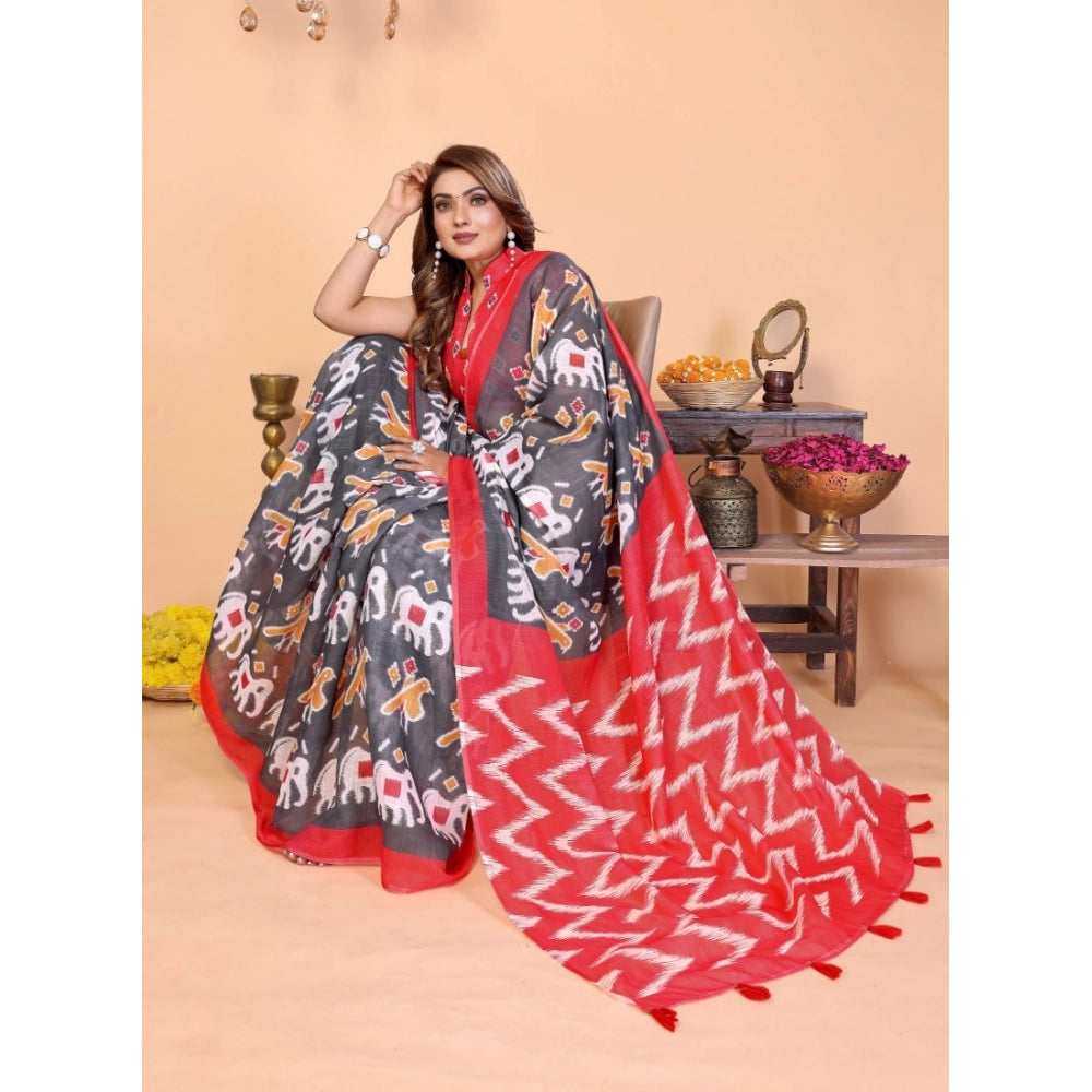 Vaystra Linen Cotton Printed Saree With Unstitched Blouse 5.5Mtr – Grey