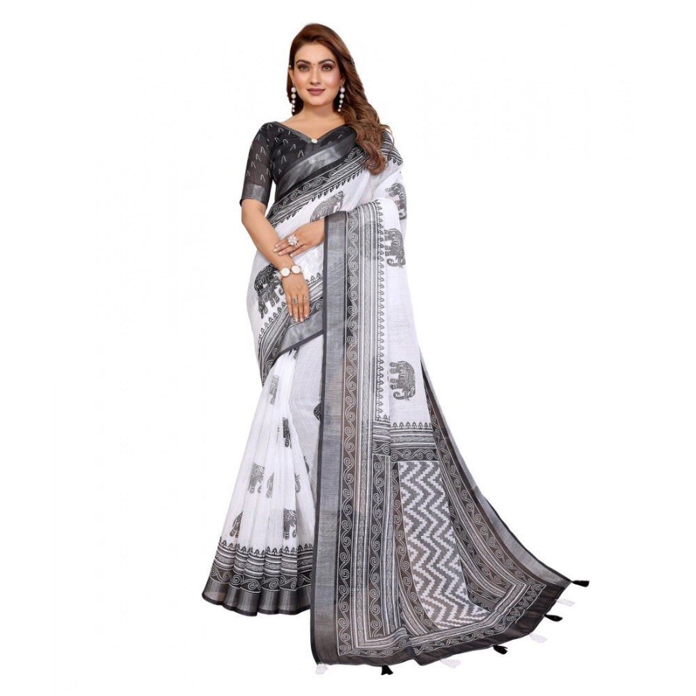 Vaystra Linen Cotton Printed Saree With Unstitched Blouse 5.5Mtr – White-Black