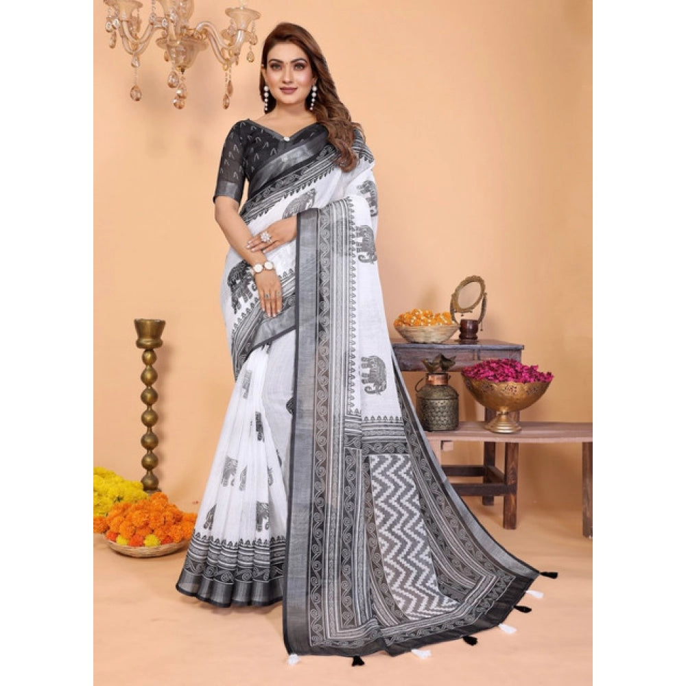 Vaystra Linen Cotton Printed Saree With Unstitched Blouse 5.5Mtr – White-Black