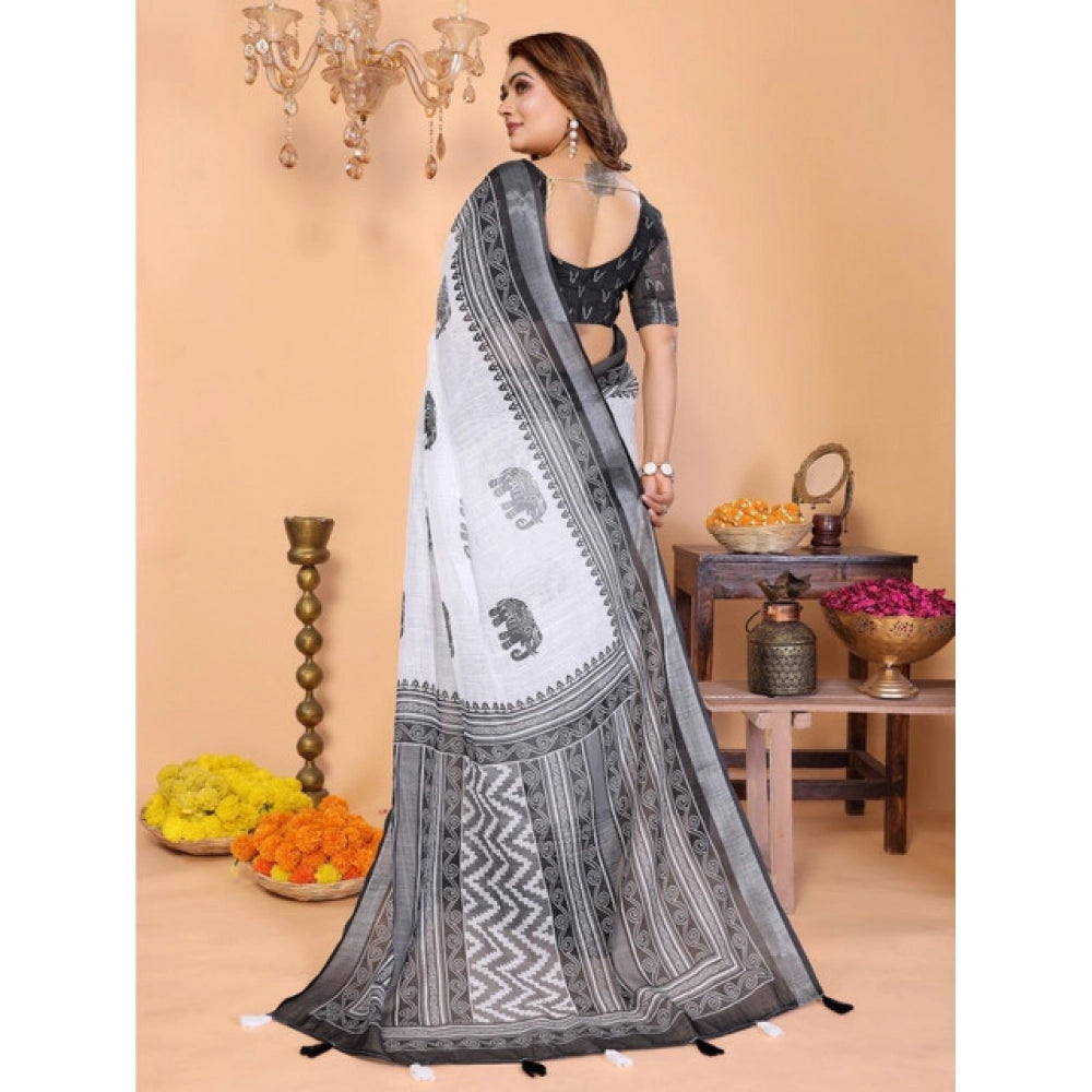 Vaystra Linen Cotton Printed Saree With Unstitched Blouse 5.5Mtr – White-Black