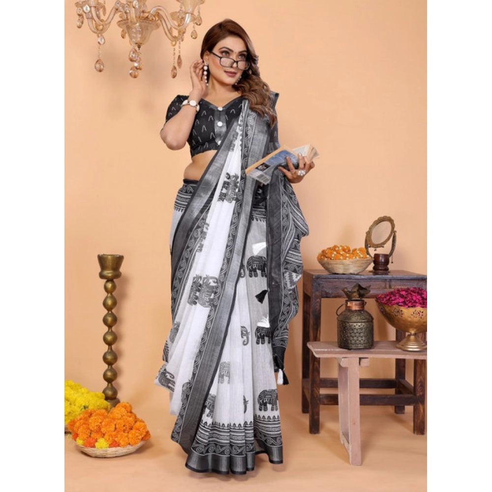 Vaystra Linen Cotton Printed Saree With Unstitched Blouse 5.5Mtr – White-Black