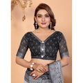 Vaystra Linen Cotton Printed Saree With Unstitched Blouse 5.5Mtr – White-Black