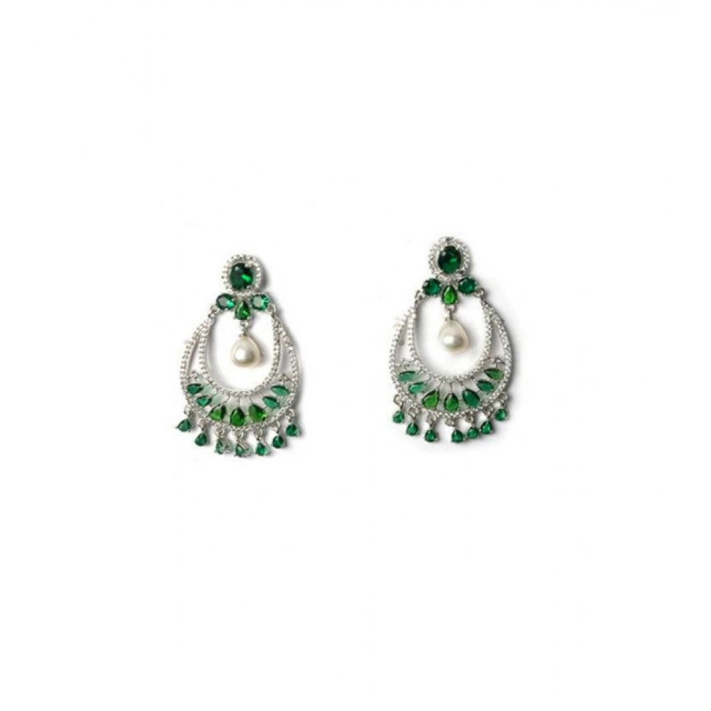 Vaystra Brass Silver Plated Chandbali Earrings - Green,