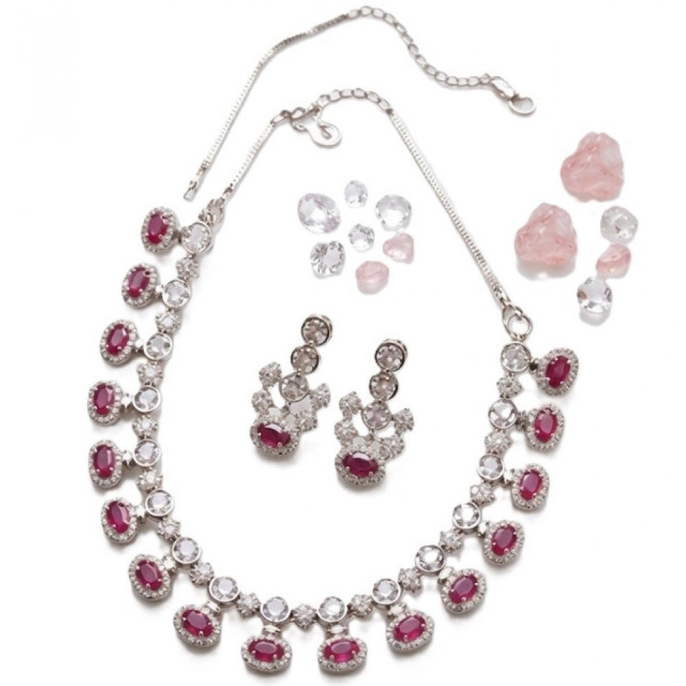 Vaystra Gold Plated Brass Silver Plated Necklace set in Pink,