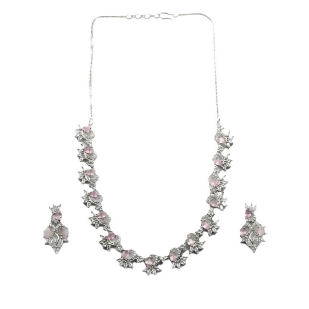 Vaystra Handcrafted Brass Silver Plated Necklace set - Pink, Edition