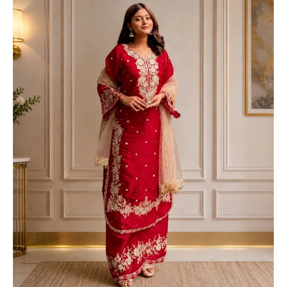 Vaystra Silk Embroidered 3/4th Sleeve Round Readymade Kurti With Palazzo Pant and...