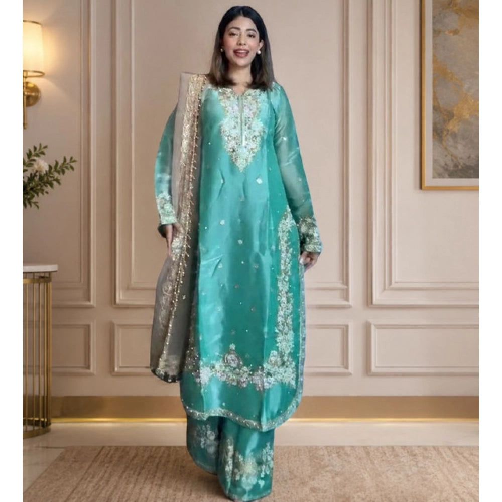 Vaystra Silk Embroidered 3/4th Sleeve Round Readymade Kurti With Palazzo Pant and...