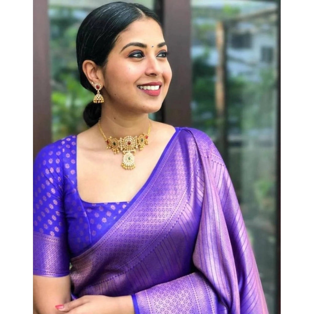 Vaystra Litchi silk Printed Saree With Unstitched Blouse – Purple