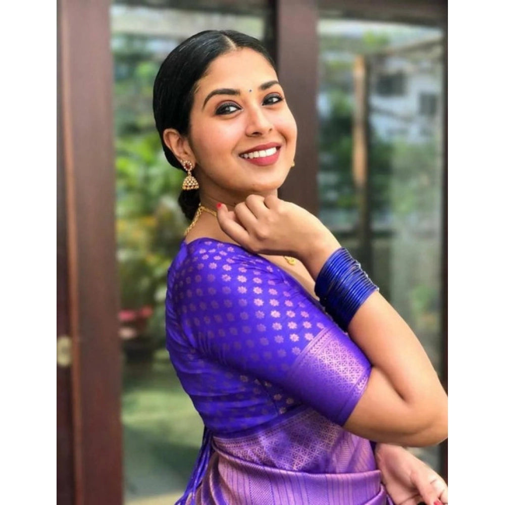 Vaystra Litchi silk Printed Saree With Unstitched Blouse – Purple