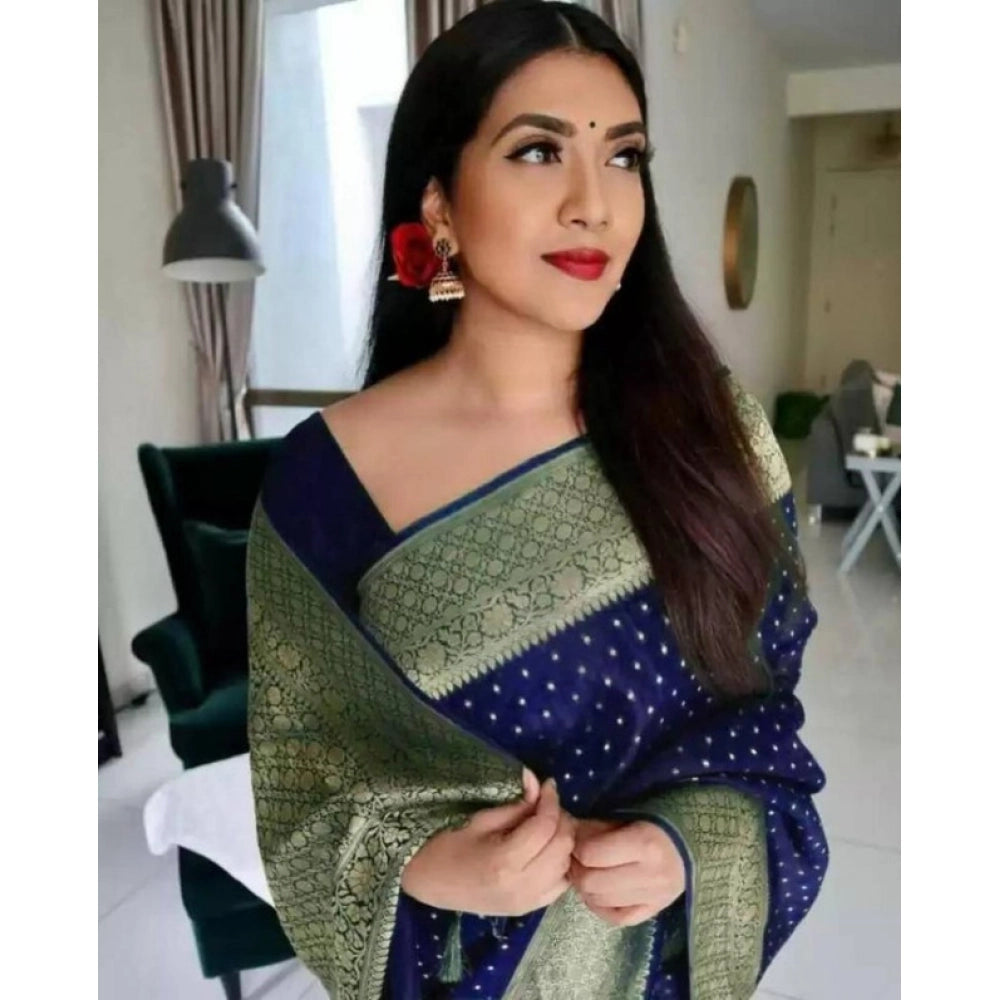 Vaystra Litchi silk Printed Saree With Unstitched Blouse – Blue