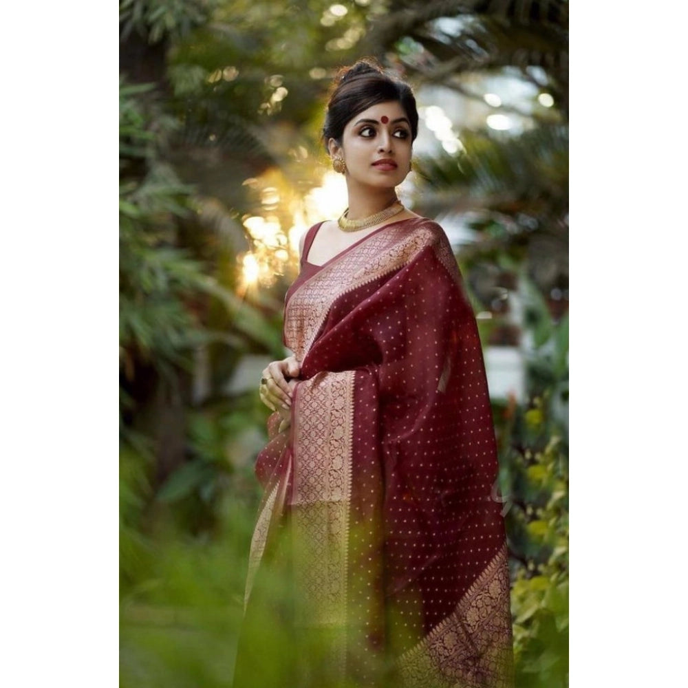 Vaystra Litchi silk Printed Saree With Unstitched Blouse – Maroon