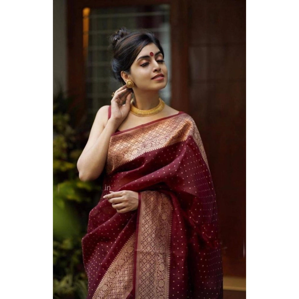 Vaystra Litchi silk Printed Saree With Unstitched Blouse – Maroon