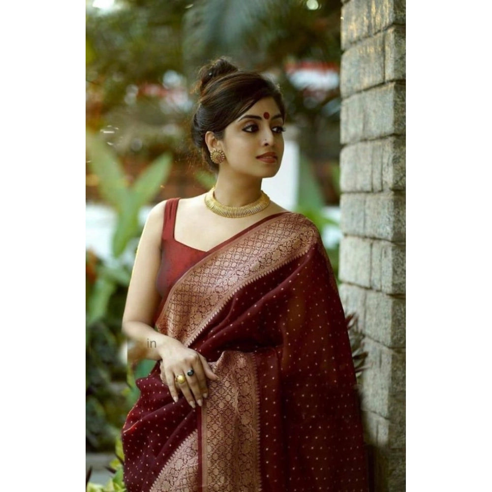 Vaystra Litchi silk Printed Saree With Unstitched Blouse – Maroon
