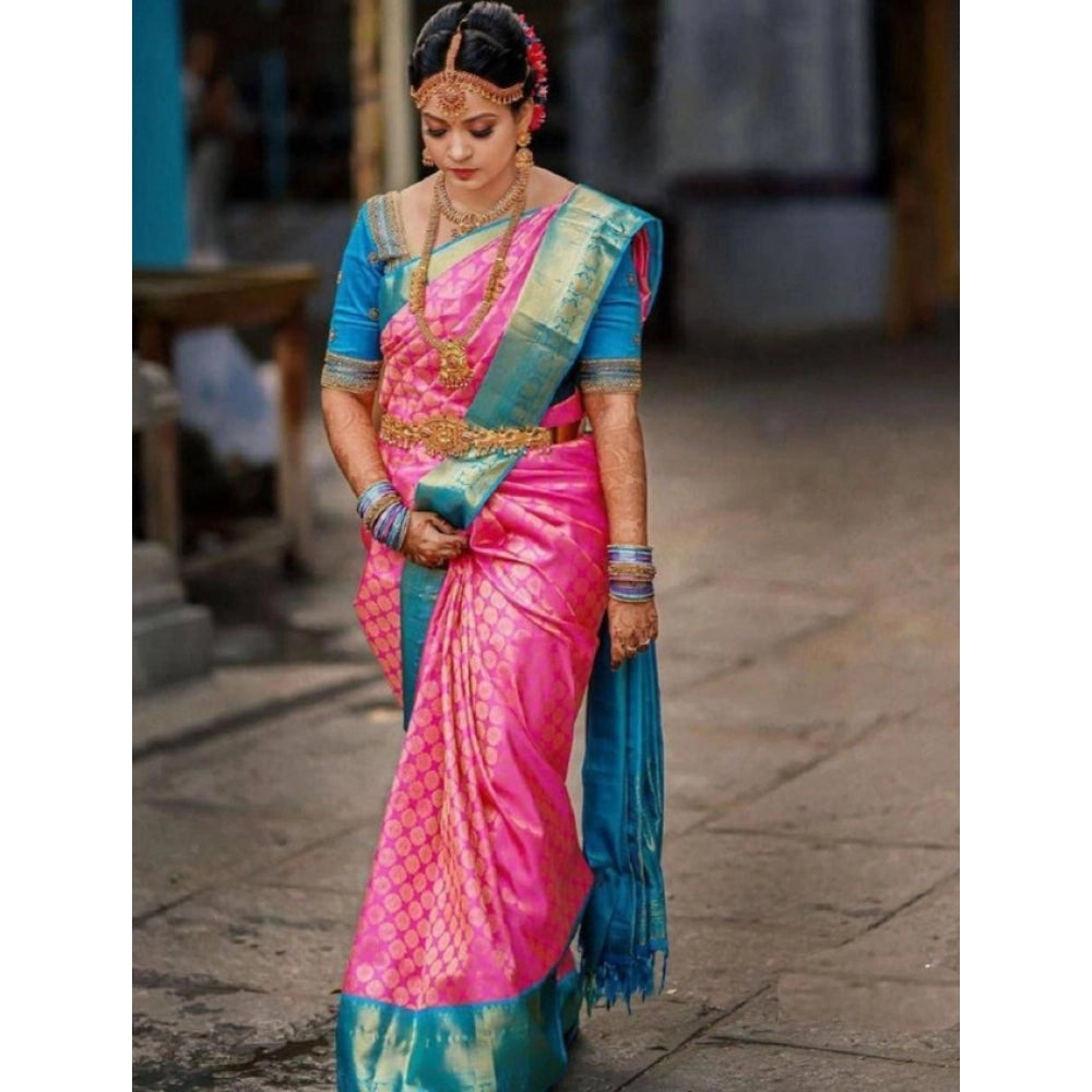 Vaystra Litchi silk Printed Saree With Unstitched Blouse – Pink
