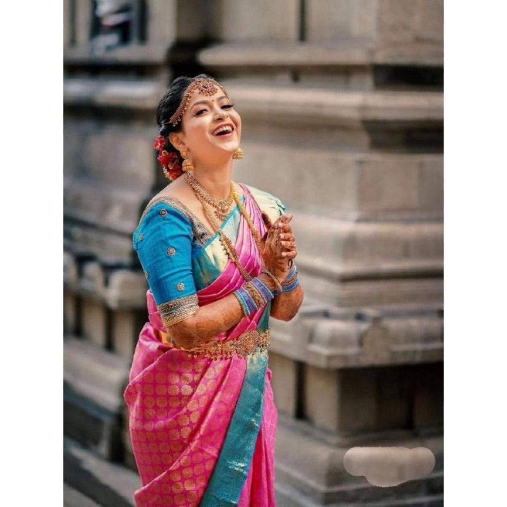 Vaystra Litchi silk Printed Saree With Unstitched Blouse – Pink