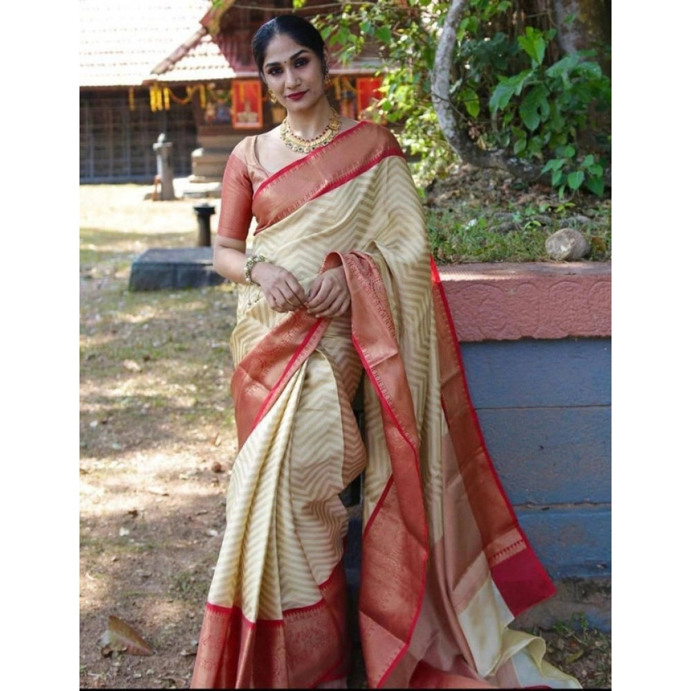 Vaystra Litchi silk Printed Saree With Unstitched Blouse – Beige
