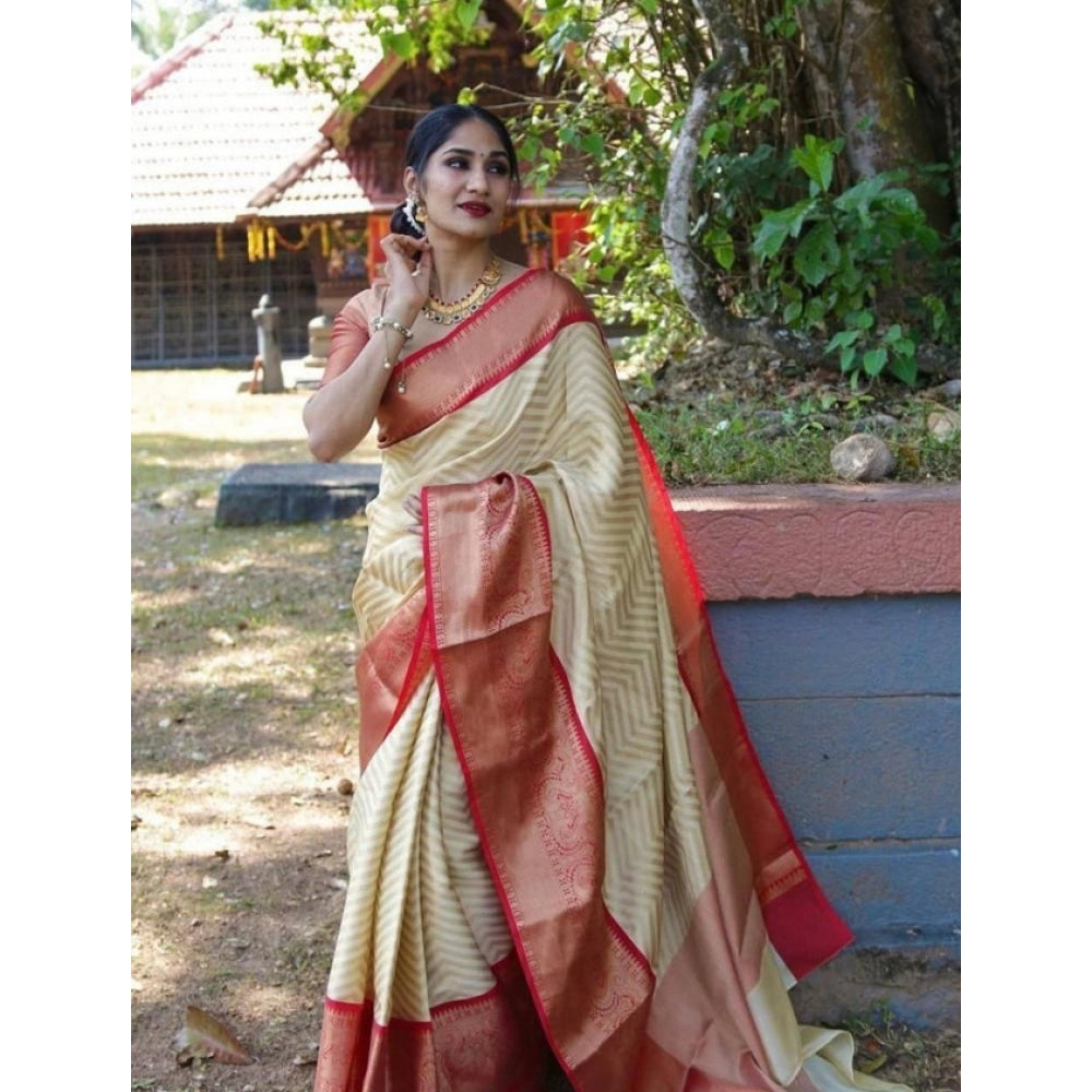 Vaystra Litchi silk Printed Saree With Unstitched Blouse – Beige