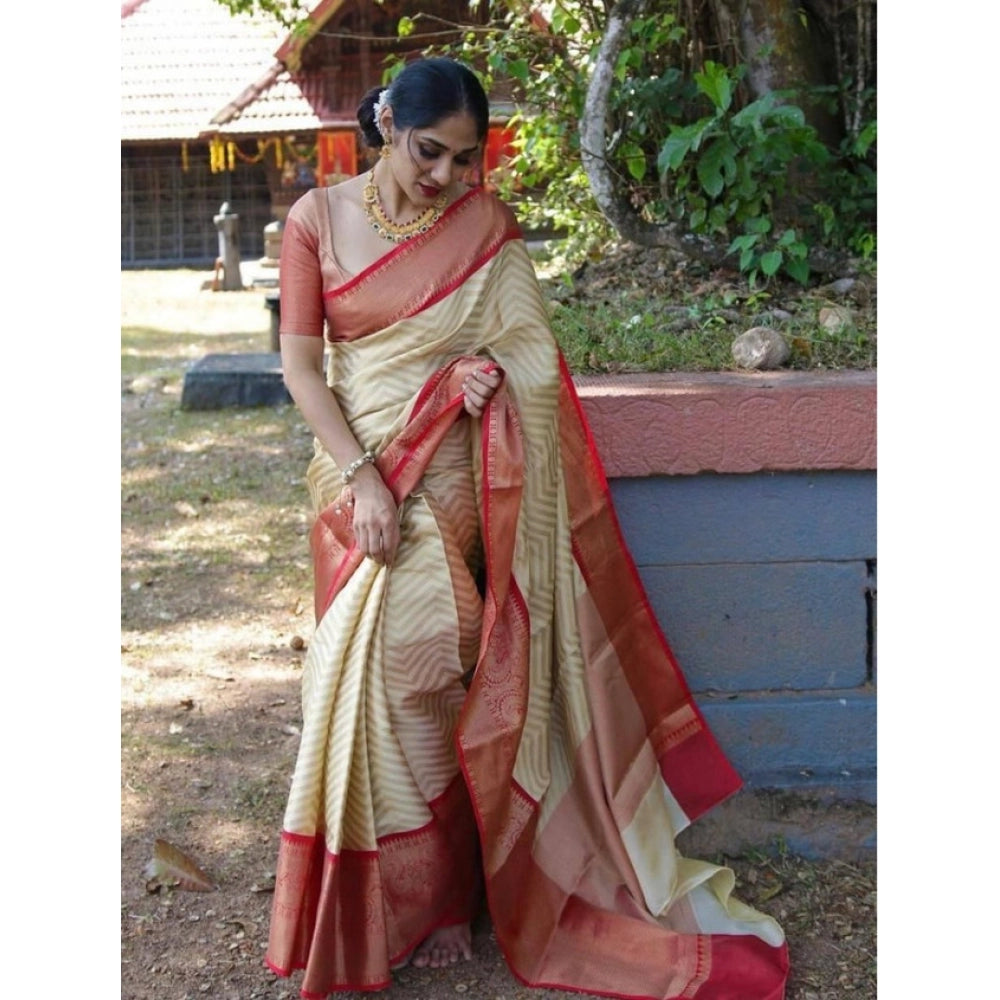Vaystra Litchi silk Printed Saree With Unstitched Blouse – Beige
