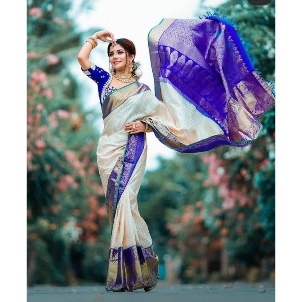 Vaystra Litchi silk Printed Saree With Unstitched Blouse – Off White