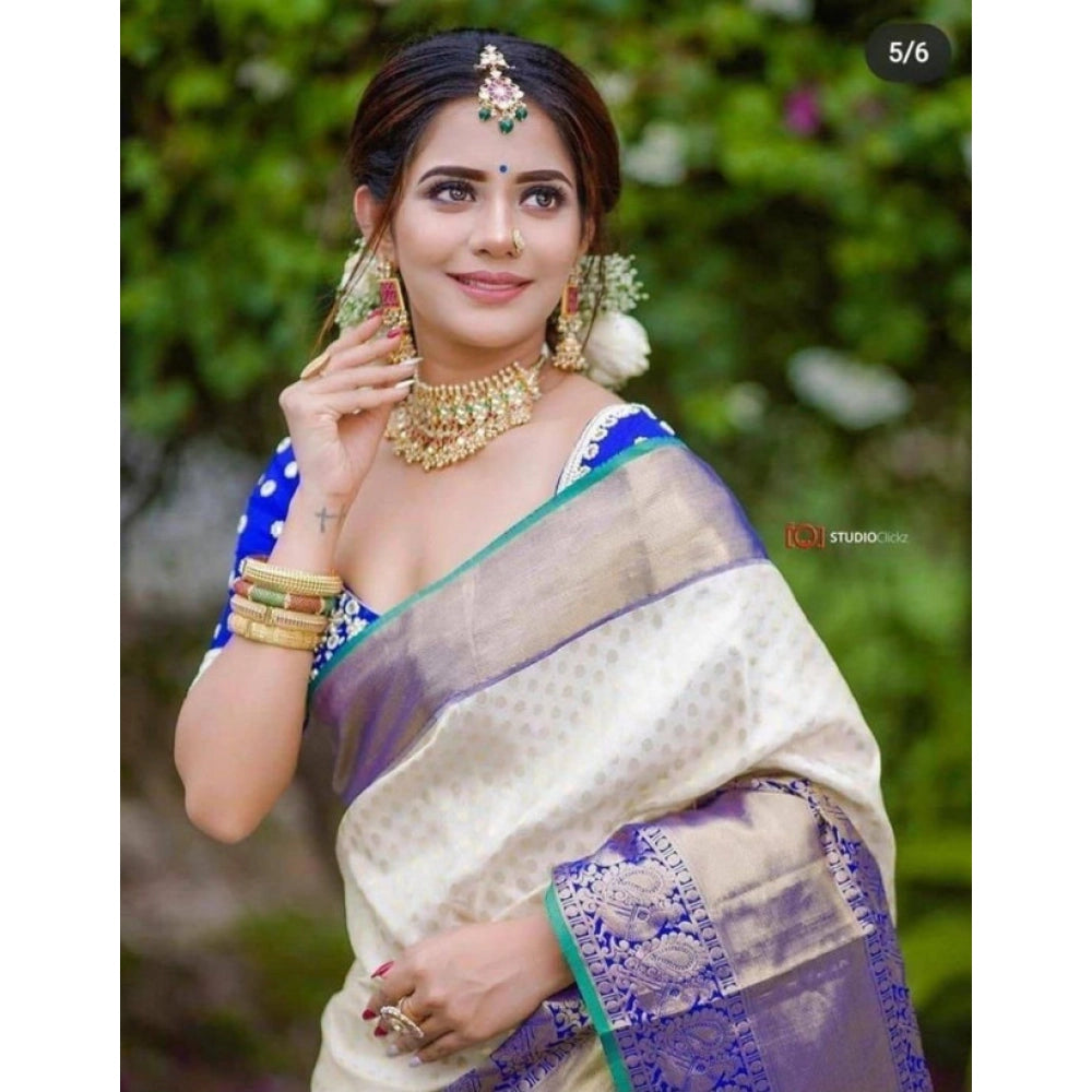 Vaystra Litchi silk Printed Saree With Unstitched Blouse – Off White