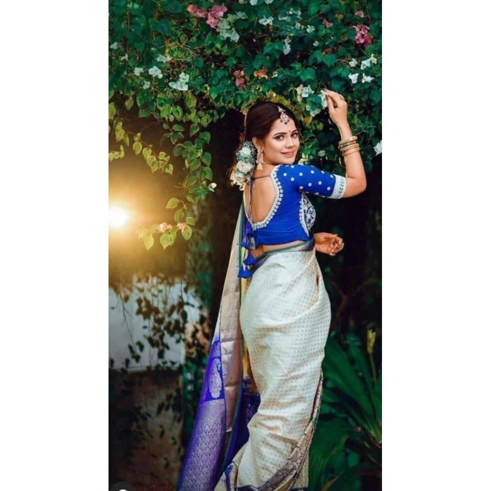 Vaystra Litchi silk Printed Saree With Unstitched Blouse – Off White