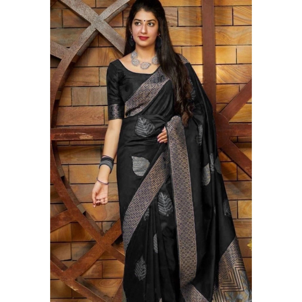 Vaystra Litchi silk Printed Saree With Unstitched Blouse – Black