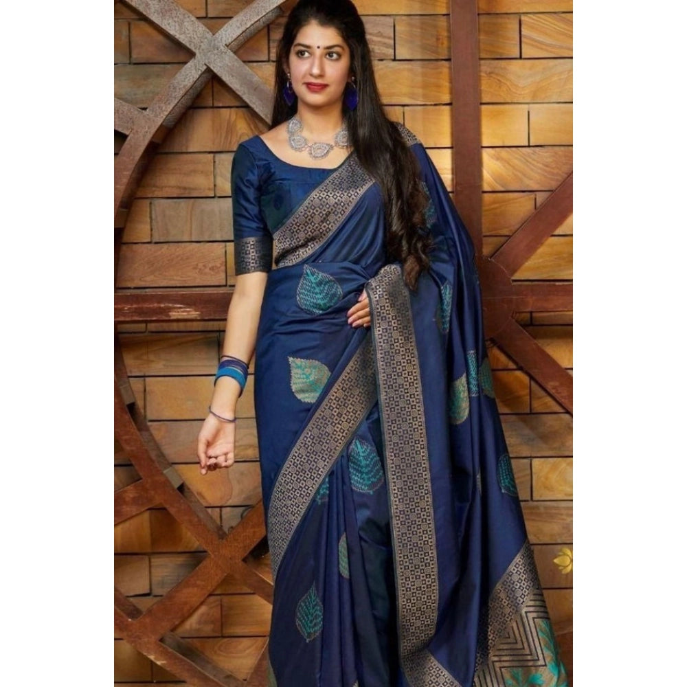 Vaystra Litchi silk Printed Saree With Unstitched Blouse – Blue