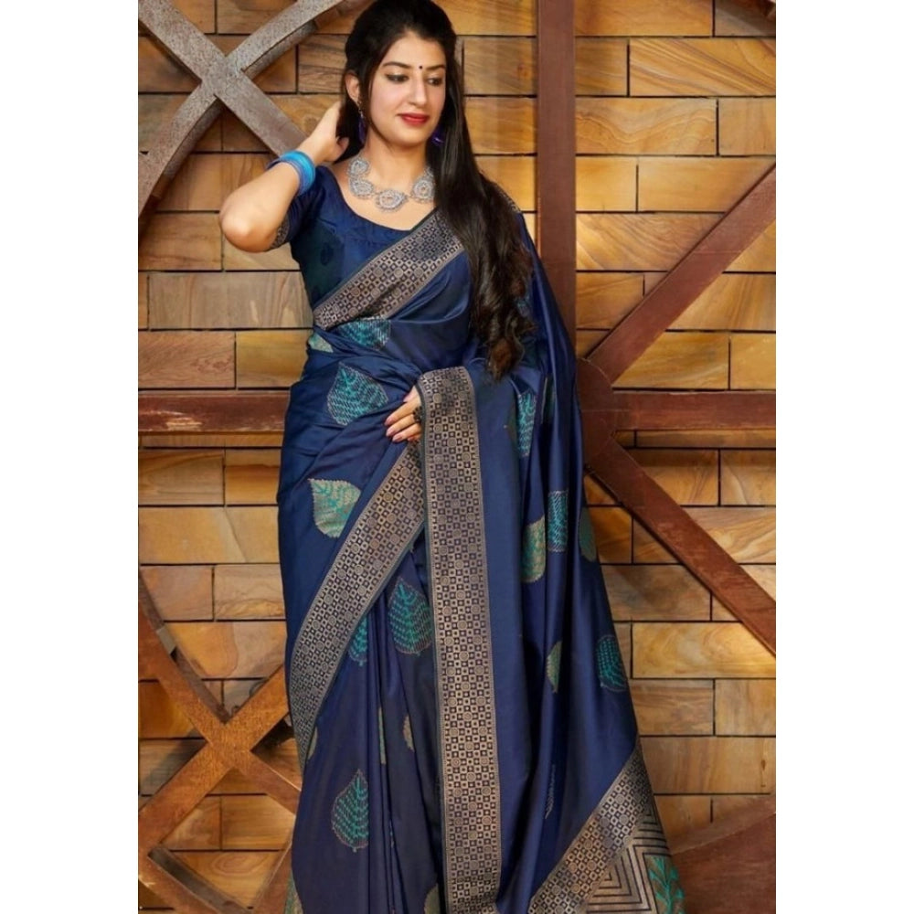 Vaystra Litchi silk Printed Saree With Unstitched Blouse – Blue