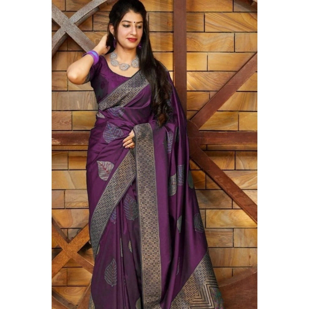 Vaystra Litchi silk Printed Saree With Unstitched Blouse – Purple