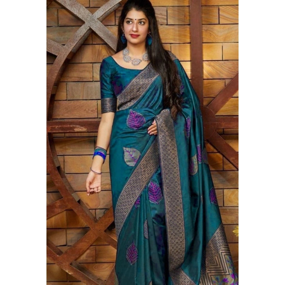 Vaystra Litchi silk Printed Saree With Unstitched Blouse – Rama Blue